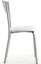 Load image into Gallery viewer, sedia con schienale in lamiera con tre fori con sedile imbottito bianco modello LENA I vista laterale