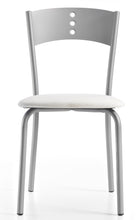 Load image into Gallery viewer, sedia con schienale in lamiera con tre fori con sedile imbottito bianco modello LENA I vista anteriore
