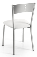 Load image into Gallery viewer, sedia con schienale in lamiera con tre fori con sedile imbottito bianco modello LENA I vista laterale retro 
