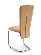 Load image into Gallery viewer, sedia SABINE con fusto a slitta cromato, con sedile e schienale imbottiti tessuto BOVA colore cappuccino, vista di retro 3 quarti
