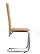 Load image into Gallery viewer, sedia SABINE con fusto a slitta cromato, con sedile e schienale imbottiti tessuto BOVA colore cappuccino, vista di lato
